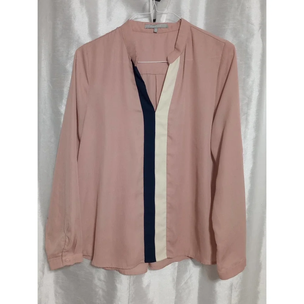 𝅺SWEET Rain Work BLOUSE Antique Rose Pink Navy Cream Top - Picture 2 of 8